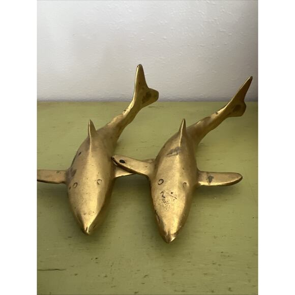 Vtg Mid Century Solid Brass Set 2 Sharks Paperweight Nautical Coastal Approx 8” - Picture 14 of 14